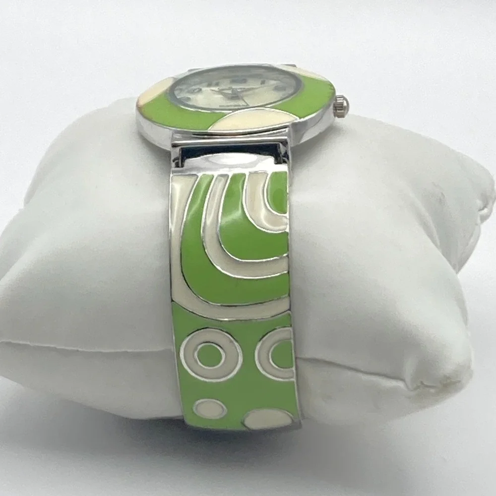 Geneva Women's Watch Silver Tone Green Enamel Look Cuff MOP New Battery SMALL 6